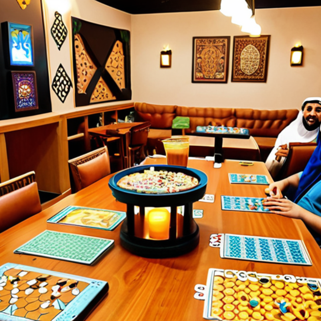 **

A vibrant, inviting board game cafe in a Middle Eastern city. The scene is filled with people of all ages laughing and engaging in different board games. The cafe has comfortable seating, warm lighting, and shelves overflowing with a diverse selection of games. Traditional Arabic design elements are incorporated into the decor. Focus on conveying a sense of community, fun, and intellectual stimulation. Delicious snacks and Arabic coffee are visible on the tables.

**