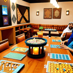 **

A vibrant, inviting board game cafe in a Middle Eastern city. The scene is filled with people of all ages laughing and engaging in different board games. The cafe has comfortable seating, warm lighting, and shelves overflowing with a diverse selection of games. Traditional Arabic design elements are incorporated into the decor. Focus on conveying a sense of community, fun, and intellectual stimulation. Delicious snacks and Arabic coffee are visible on the tables.

**