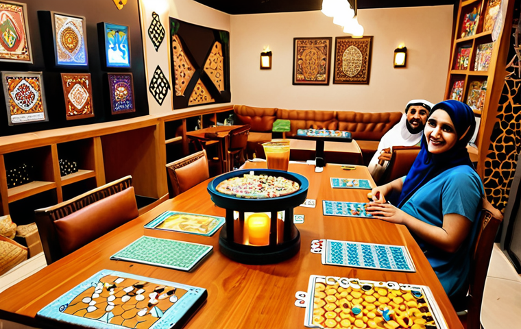 **

A vibrant, inviting board game cafe in a Middle Eastern city. The scene is filled with people of all ages laughing and engaging in different board games. The cafe has comfortable seating, warm lighting, and shelves overflowing with a diverse selection of games. Traditional Arabic design elements are incorporated into the decor. Focus on conveying a sense of community, fun, and intellectual stimulation. Delicious snacks and Arabic coffee are visible on the tables.

**