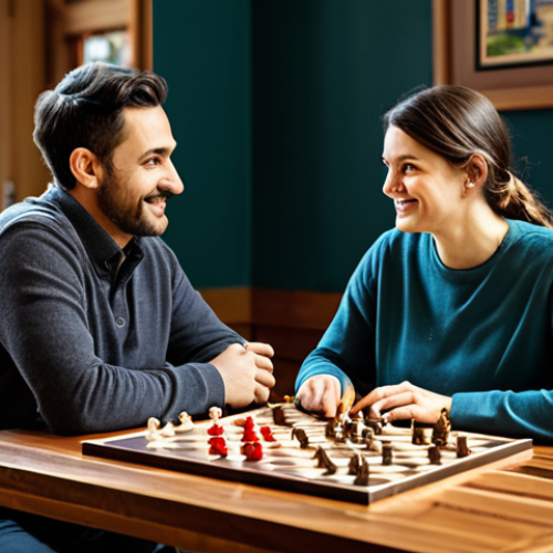 **Prompt: Strategic Collaboration Board Game**
    A diverse couple, fully clothed in modest, comfortable attire, seated at a polished wooden table in a well-lit, cozy board game café. They are intensely focused on a cooperative strategy board game, with game board, cards, and tokens neatly arranged before them. One individual points thoughtfully at the board, discussing a move, while the other listens intently, nodding in agreement. Their expressions show deep concentration blended with subtle smiles of shared enjoyment and collaboration. The scene is captured with professional photography, showcasing crisp details, natural lighting, and a warm, inviting atmosphere. This image exemplifies teamwork and intellectual connection. perfect anatomy, correct proportions, natural pose, well-formed hands, proper finger count, natural body proportions, safe for work, appropriate content, fully clothed, professional dress, modest clothing.