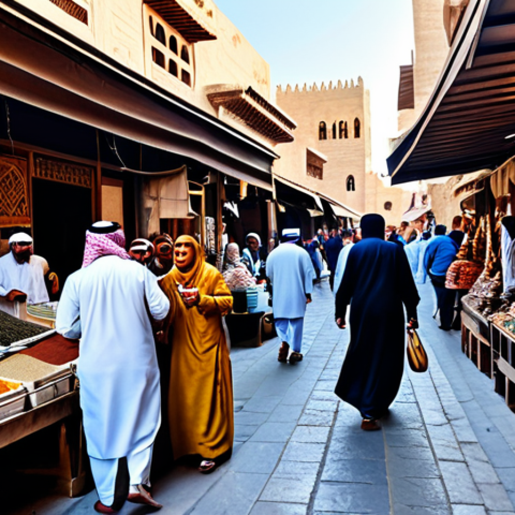 **

"A bustling traditional Arabian marketplace (souk) during the day, filled with vendors selling spices, textiles, and handicrafts. People are dressed in modest, colorful traditional attire, fully clothed, interacting and bargaining. Include detailed architectural elements of the souk, warm lighting, and a sense of vibrant community. Safe for work, appropriate content, family-friendly, professional photography, perfect anatomy, natural proportions."

**