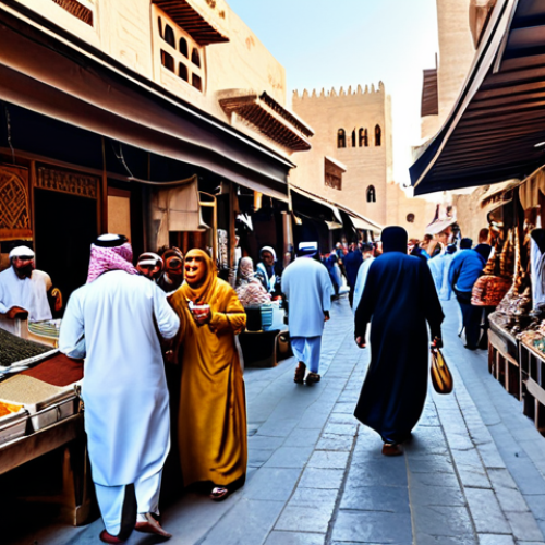 **

"A bustling traditional Arabian marketplace (souk) during the day, filled with vendors selling spices, textiles, and handicrafts. People are dressed in modest, colorful traditional attire, fully clothed, interacting and bargaining. Include detailed architectural elements of the souk, warm lighting, and a sense of vibrant community. Safe for work, appropriate content, family-friendly, professional photography, perfect anatomy, natural proportions."

**
