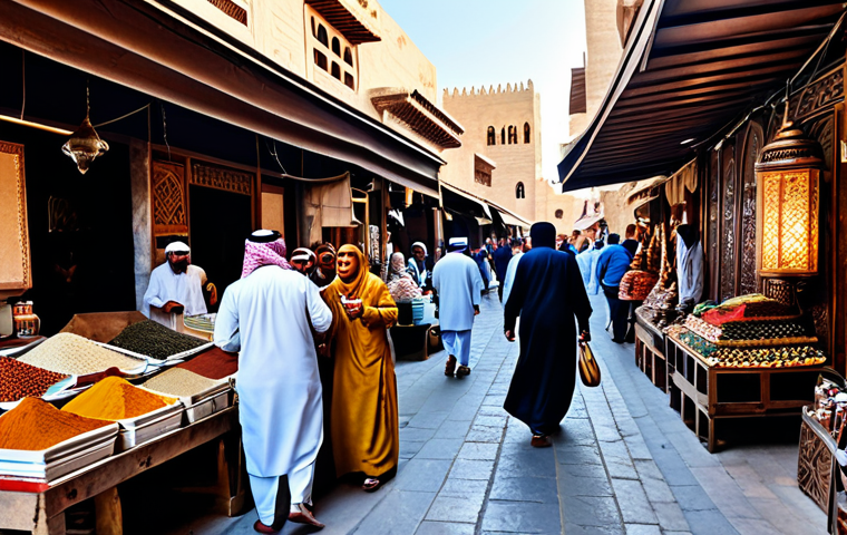 **
"A bustling traditional Arabian marketplace (souk) during the day, filled with vendors selling spices, textiles, and handicrafts. People are dressed in modest, colorful traditional attire, fully clothed, interacting and bargaining. Include detailed architectural elements of the souk, warm lighting, and a sense of vibrant community. Safe for work, appropriate content, family-friendly, professional photography, perfect anatomy, natural proportions."
**