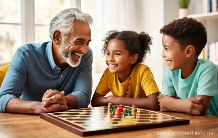 보드게임과 신경과학 - **A multi-generational family immersed in a strategic board game.** The scene depicts a wise-looking...