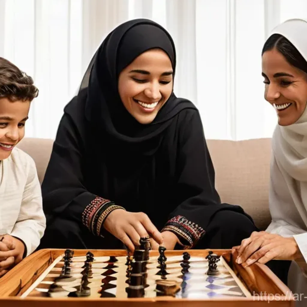 보드게임의 문화적 가치 - **Prompt:** A heartwarming scene of a multi-generational Arab family gathered around a large, intric...