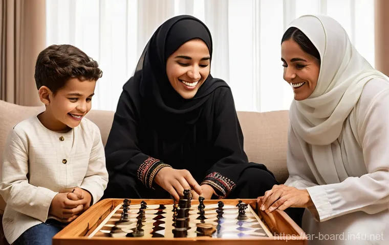 보드게임의 문화적 가치 - **Prompt:** A heartwarming scene of a multi-generational Arab family gathered around a large, intric...