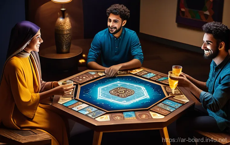 보드게임 VR AR 기술 - **Enchanted Desert Board Game Night:** A diverse group of four friends, two young men and two young ...