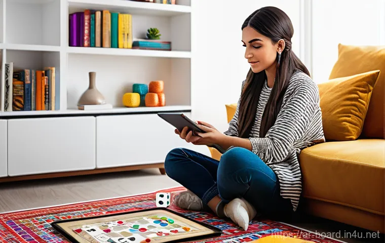 보드게임 디자인 툴 - **Prompt 1: Creative Digital Board Game Design in a Cozy Setting** "A young adult female, appear...