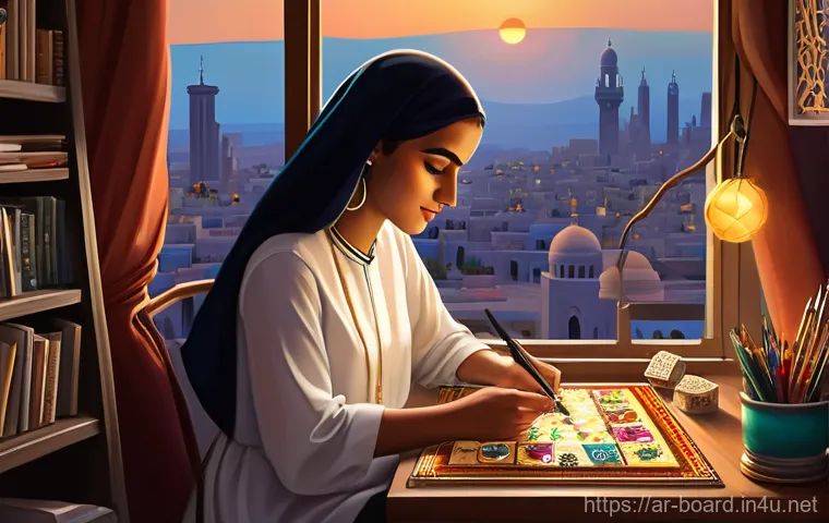 보드게임 팬아트 공모전 - **Prompt 2: Joyful Board Game Gathering in a Traditional Majlis** A vibrant, realistic photograp...