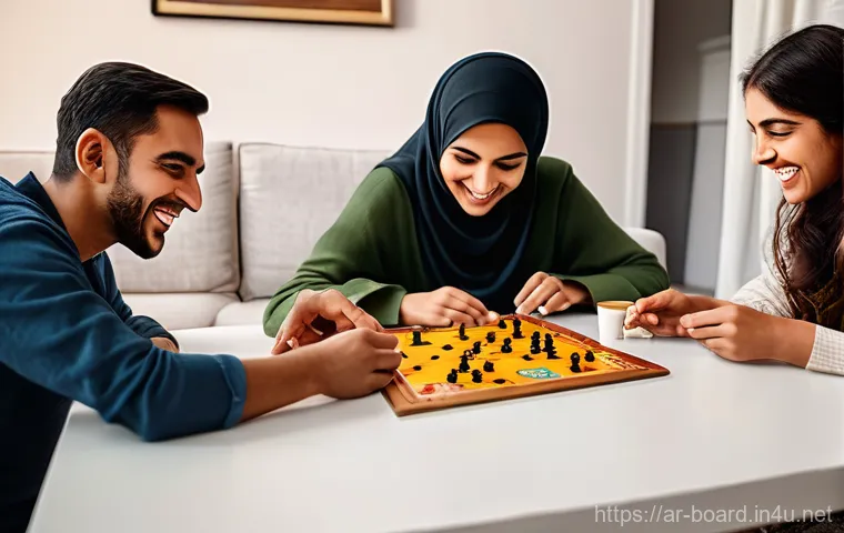 보드게임 온라인 쇼핑몰 - **Family Board Game Night in a Cozy Arab Home:** A heartwarming and brightly lit scene in a comf...