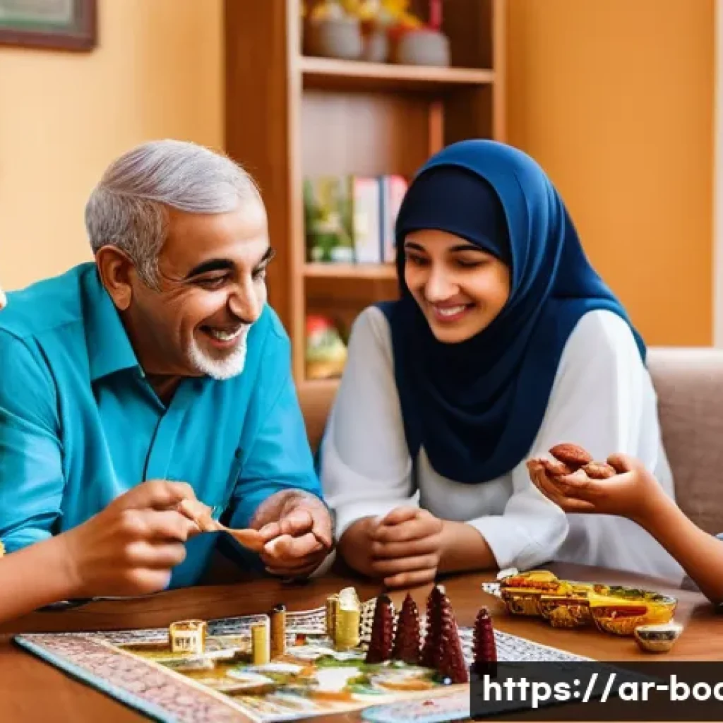 가족과 함께하는 보드게임 - **Prompt:** A cozy, brightly lit living room filled with a multi-generational Arab family, including...
