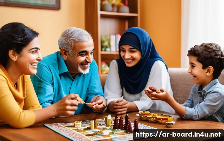 가족과 함께하는 보드게임 - **Prompt:** A cozy, brightly lit living room filled with a multi-generational Arab family, including...