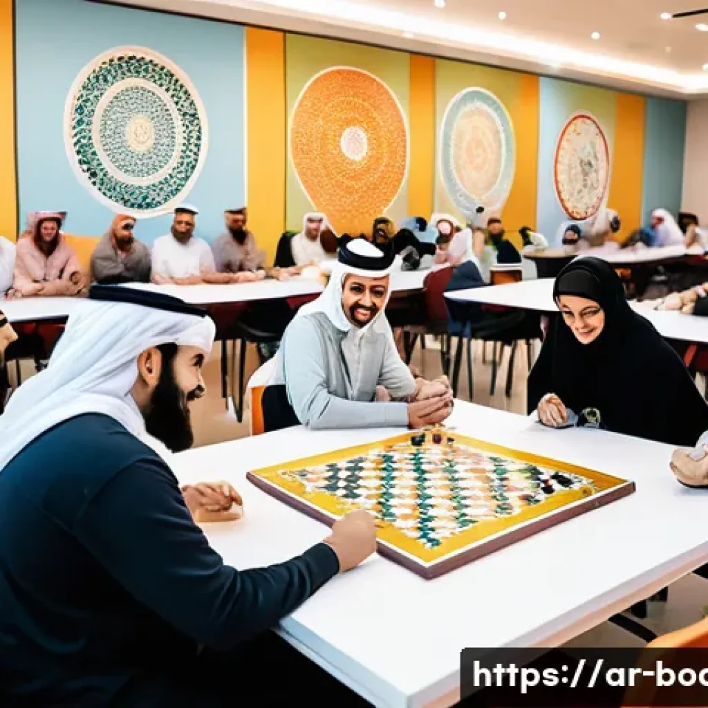 보드게임 프로모션 이벤트 - A vibrant board game event in a modern, well-lit community center in an Arab city, showing diverse p...