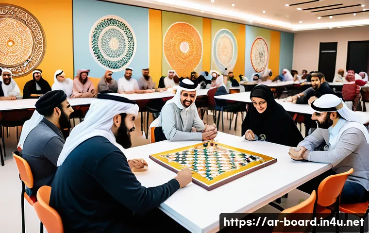 보드게임 프로모션 이벤트 - A vibrant board game event in a modern, well-lit community center in an Arab city, showing diverse p...