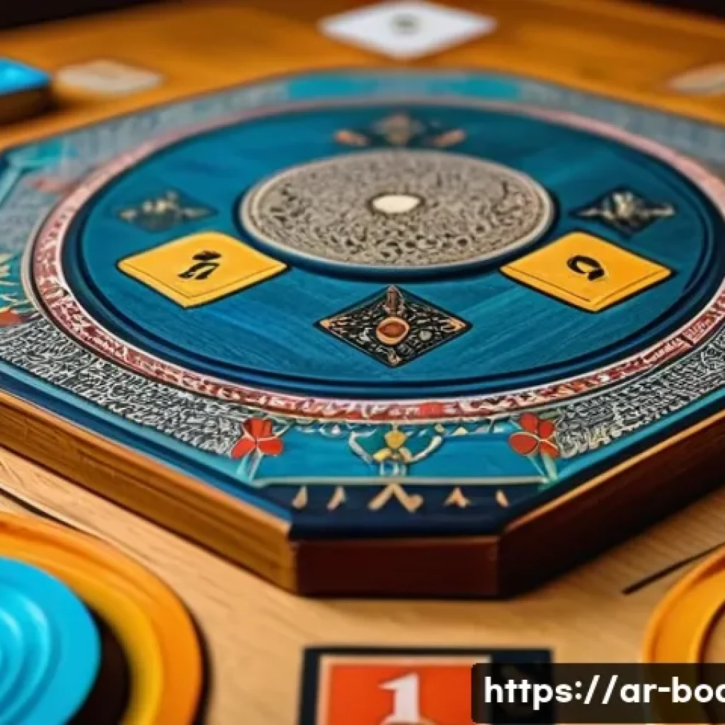 보드게임 중고 매물 - A detailed close-up scene of a vintage board game set on a traditional Middle Eastern wooden table, ...