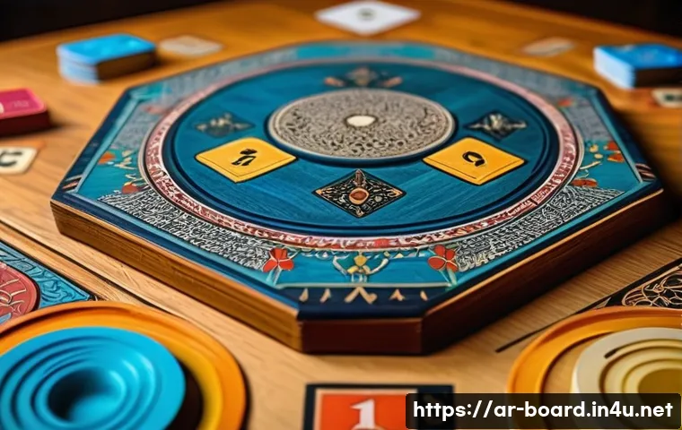 보드게임 중고 매물 - A detailed close-up scene of a vintage board game set on a traditional Middle Eastern wooden table, ...