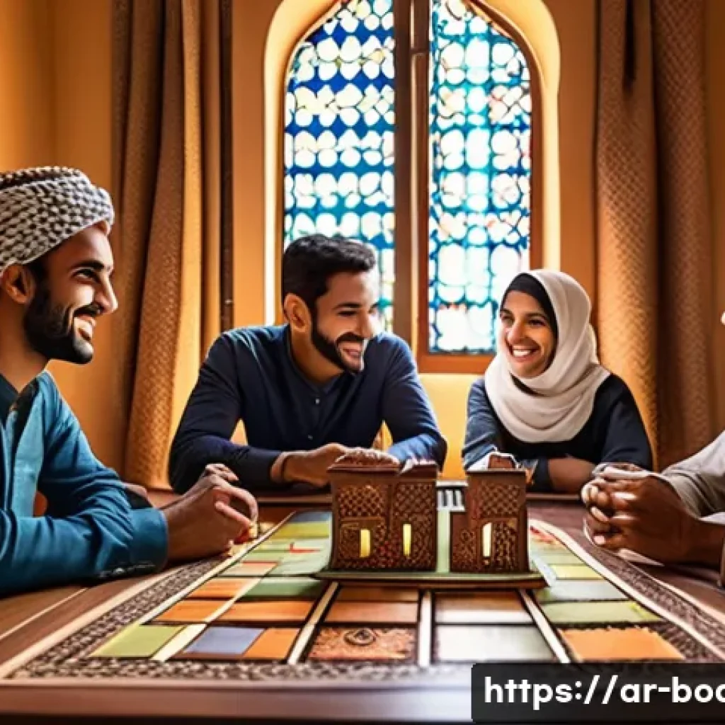보드게임 초보자 가이드 - A cozy indoor scene of a group of diverse Arab friends sitting around a wooden table playing Carcass...