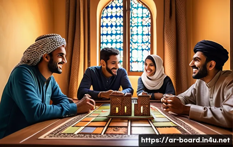 보드게임 초보자 가이드 - A cozy indoor scene of a group of diverse Arab friends sitting around a wooden table playing Carcass...