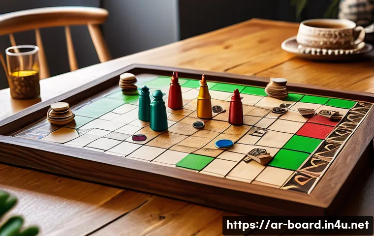 보드게임 트렌드 분석 - A modern eco-friendly board game setup on a rustic wooden table, featuring recycled wood and biodegr...