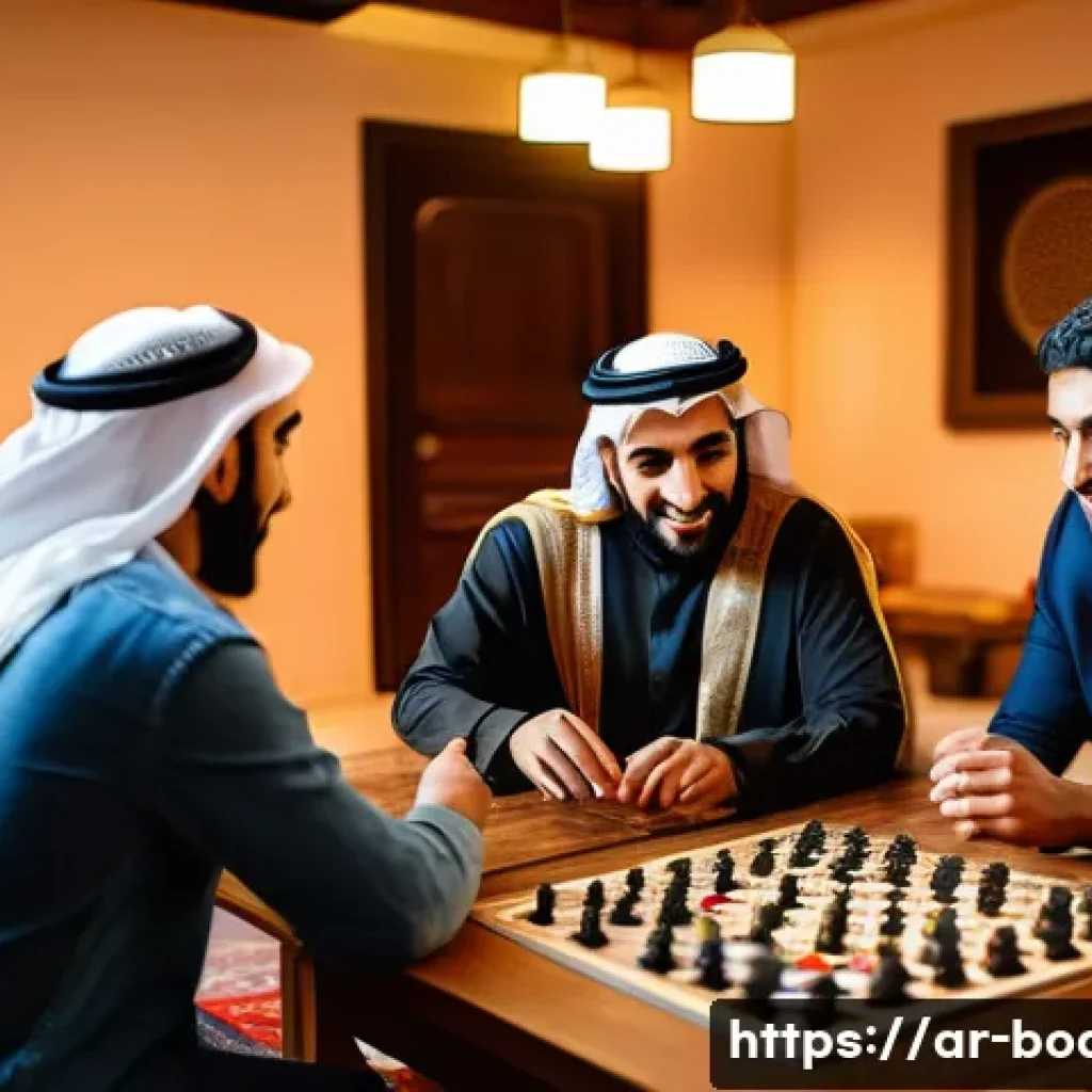 보드게임 전문가 양성 - A detailed scene of a diverse group of Arab adults and young adults engaging in a strategic board ga...
