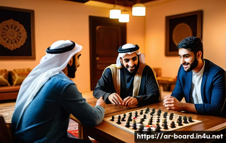 보드게임 전문가 양성 - A detailed scene of a diverse group of Arab adults and young adults engaging in a strategic board ga...