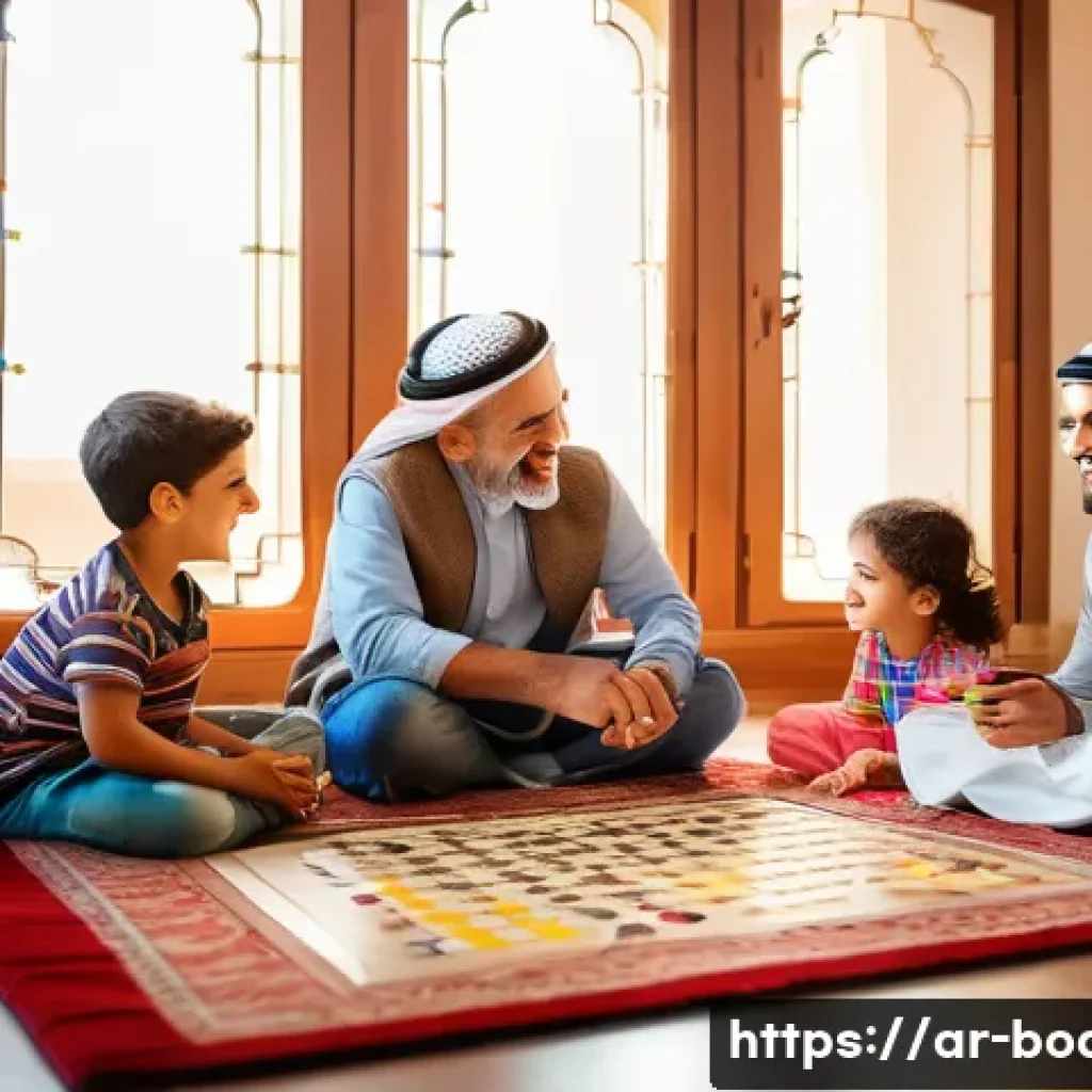 보드게임의 사회적 역할 - A warm and inviting family scene in a traditional Arab home, featuring a multi-generational family g...