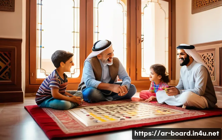 보드게임의 사회적 역할 - A warm and inviting family scene in a traditional Arab home, featuring a multi-generational family g...