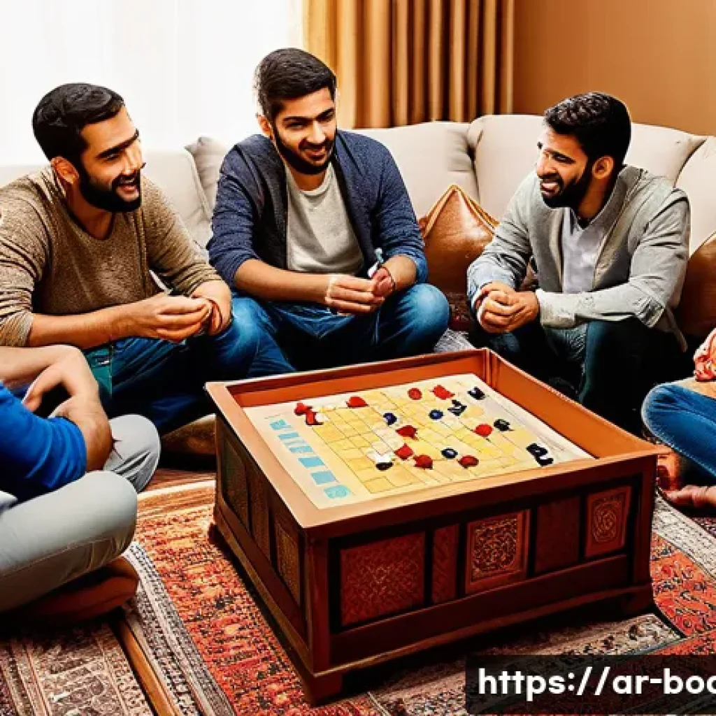 보드게임 규칙 설명 - A cozy, warmly lit living room scene with a diverse group of Arab friends gathered around a wooden t...