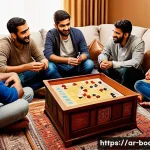 보드게임 규칙 설명 - A cozy, warmly lit living room scene with a diverse group of Arab friends gathered around a wooden t...