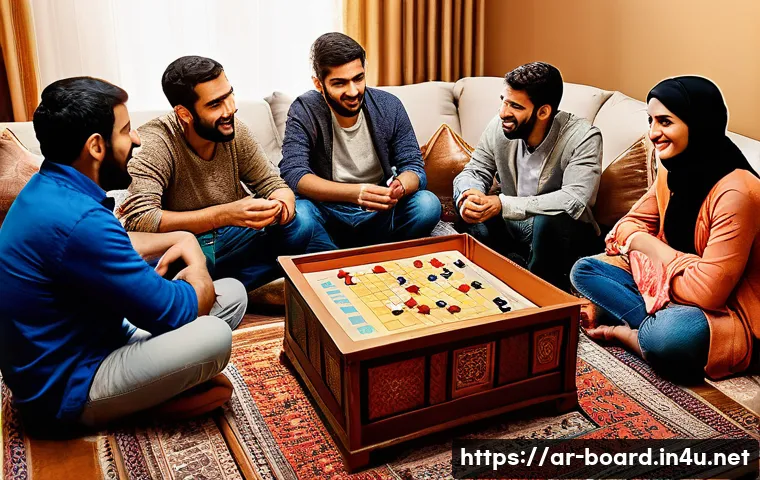 보드게임 규칙 설명 - A cozy, warmly lit living room scene with a diverse group of Arab friends gathered around a wooden t...