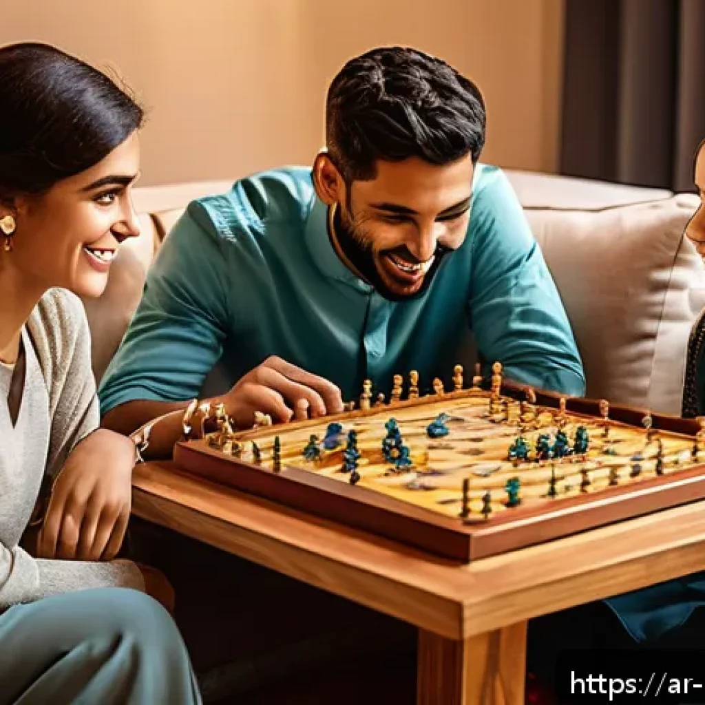보드게임 카드게임 비교 - A lively family gathering around a traditional Arabic wooden board game on a low table, set in a coz...