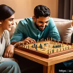 보드게임 카드게임 비교 - A lively family gathering around a traditional Arabic wooden board game on a low table, set in a coz...