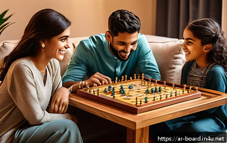 보드게임 카드게임 비교 - A lively family gathering around a traditional Arabic wooden board game on a low table, set in a coz...