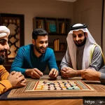 보드게임 성향 테스트 - A cozy, warmly lit living room scene in a modern Middle Eastern home during an evening gathering, fe...