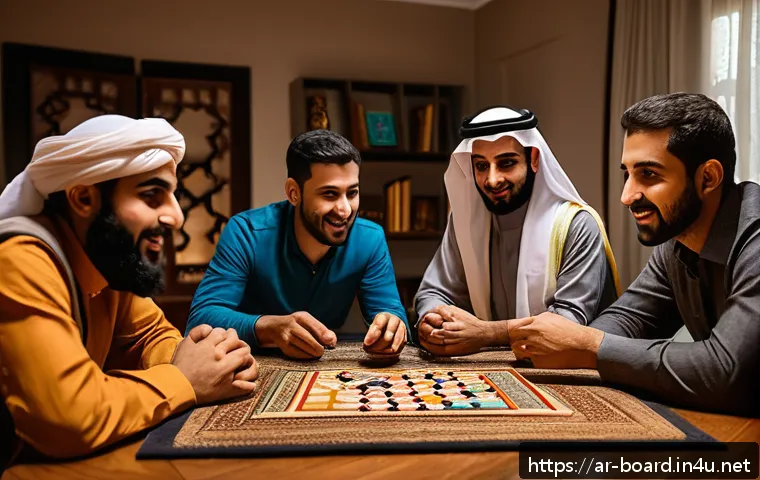보드게임 성향 테스트 - A cozy, warmly lit living room scene in a modern Middle Eastern home during an evening gathering, fe...