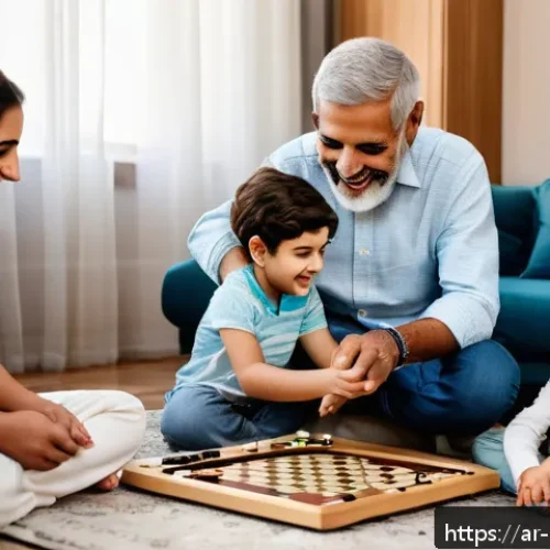 보드게임 인기 이유 - A warm, inviting family living room scene with three generations&mdash;grandparents, parents, and children...