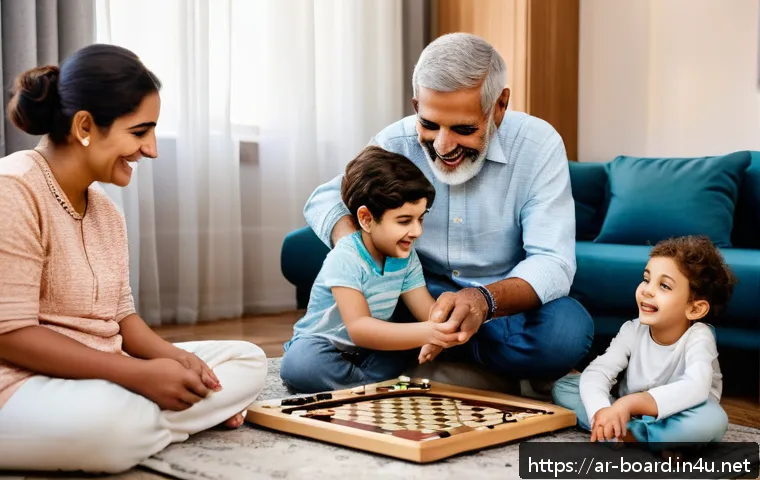 보드게임 인기 이유 - A warm, inviting family living room scene with three generations&mdash;grandparents, parents, and children...