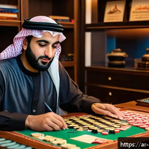 보드게임 전문 번역 - A detailed scene of a professional Arabic translator working at a desk surrounded by board games and...
