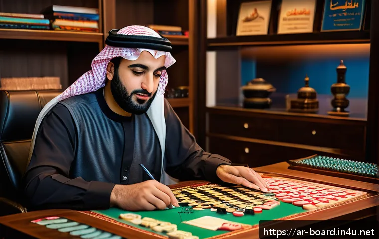 보드게임 전문 번역 - A detailed scene of a professional Arabic translator working at a desk surrounded by board games and...