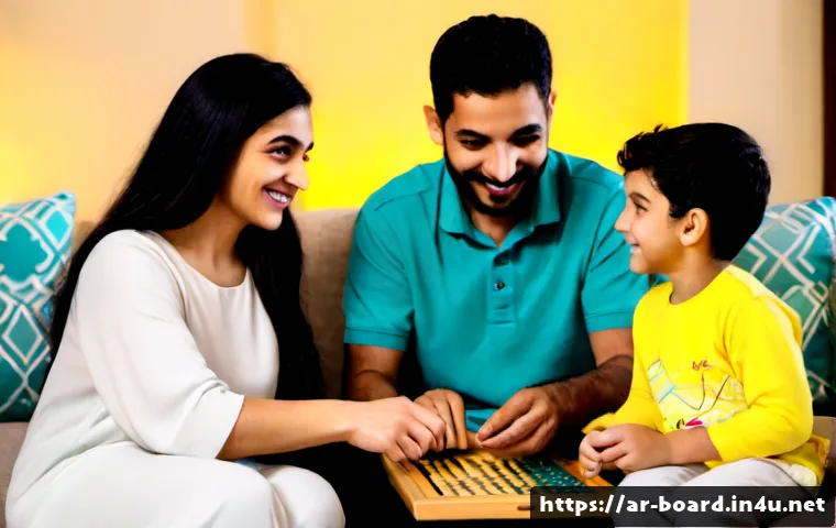 보드게임의 문화적 영향 - Photorealistic evening family gathering in a warmly lit Arab living room, three generations seated a...