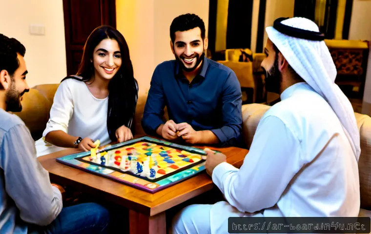 보드게임과 사교성 향상 - Photorealistic evening gathering of Arab friends in modest casual clothing playing a colorful board ...