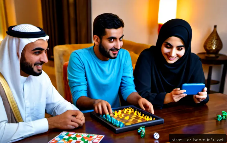 보드게임 방송 인기 - Photorealistic cozy Arabic family board game livestream in a modern Riyadh living room, three adult ...