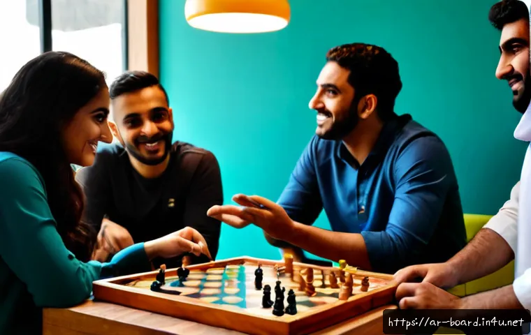 보드게임 해외 트렌드 - Photorealistic editorial scene of a contemporary board game café in Dubai, a diverse group of Arab f...