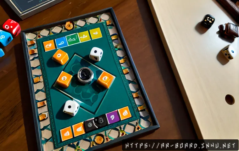 Home 17 보드게임 리뷰 사이트 - Photorealistic overhead view of a modern board game review workspace in an elegant Middle Eastern ho...
