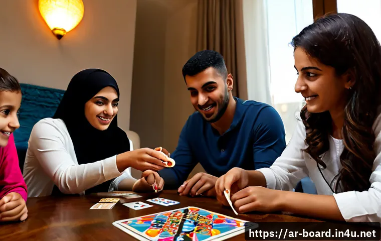 Home 30 보드게임 정글 스피드 - Photorealistic family game night in a modern Arab living room, four adults and teenagers gathered ar...