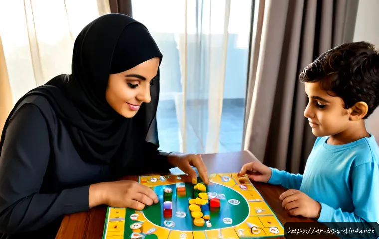 Home 17 보드게임 교육적 효과 - Photorealistic educational family board game scene in a bright modern Arab home, an Arab mother wear...