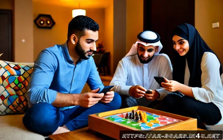 보드게임 모바일 앱 - Photorealistic evening family gathering in a modern Arab living room, three adults seated around a l...